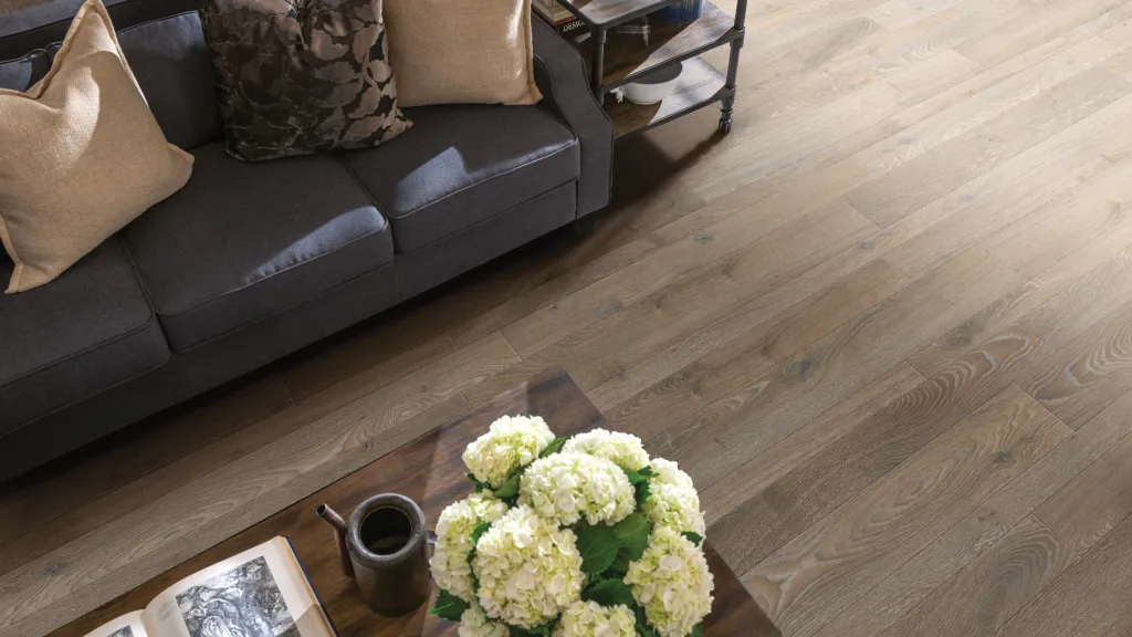 Living room with brown laminate flooring